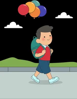 Boy with a backpack walking along a ledge holding a bunch of balloons
