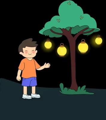Boy on a dark bank looking up at a tree hung with glowing lanterns