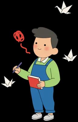 Boy in overalls holding a red notebook and pen as paper cranes fly around him