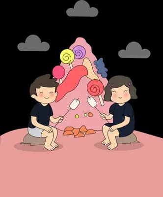 Three children sitting around a pink mountain of candy and lollipops
