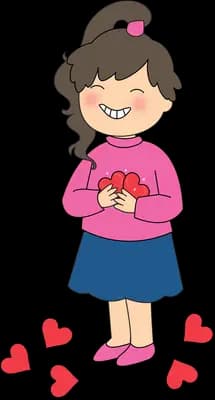 Girl in pink cradling a small red heart with hearts scattered at her feet