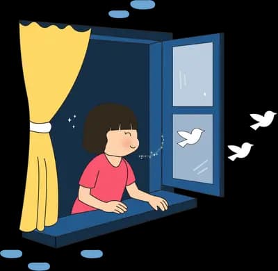 Girl sitting in a dark window watching birds fly past a yellow curtain