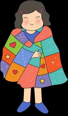 Girl wrapped in a colourful patchwork quilt
