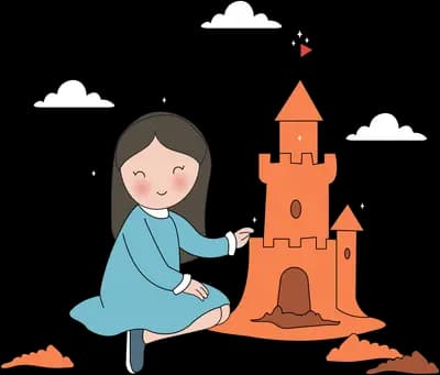 Girl kneeling beside a tall sandcastle with towers and a flag