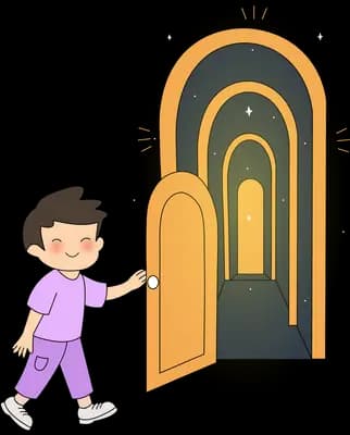 Boy pulling open a tall golden arched door