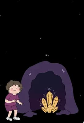 Girl kneeling at the mouth of a dark cave beside a small fire