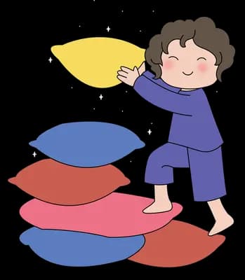Boy climbing a heap of cushions holding a yellow pillow overhead