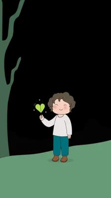 Small boy holding a sprig of green beside a tall bare tree on a hill