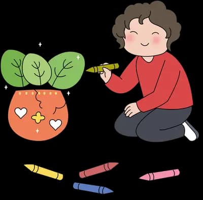 Girl kneeling to colour a potted plant with crayons