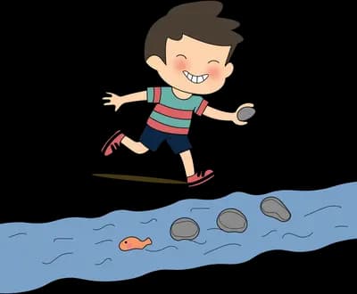 Boy hopping across stepping stones set in a blue stream
