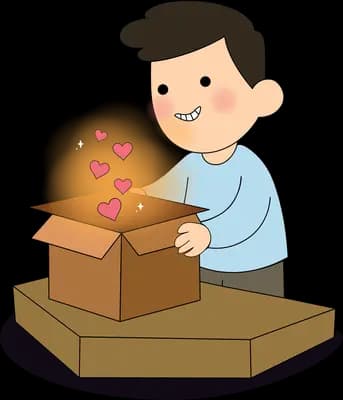 Boy opening a cardboard box that glows with hearts inside