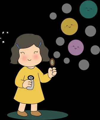 Girl in a yellow dress holding a lamp with coloured moons floating beside her