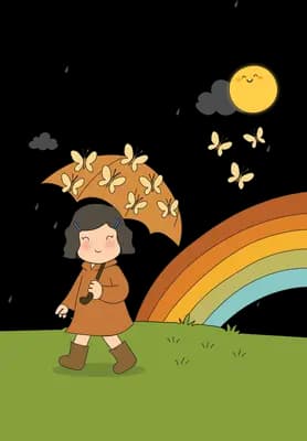 Girl on a green field beside a rainbow as butterflies scatter up toward the sun