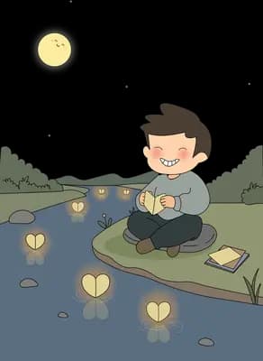 Boy sitting on a rock at the edge of a pond releasing glowing heart lanterns onto the water under a moon