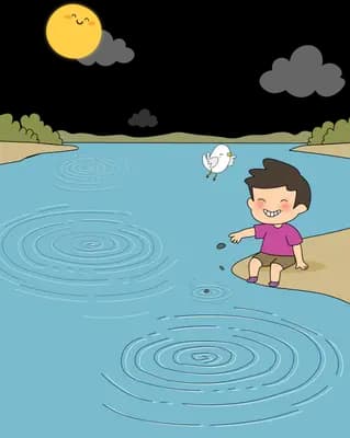 Boy crouching at the shore skipping stones across a lake with ripples under a smiling sun