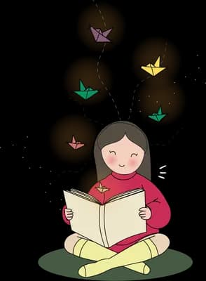 Girl sitting cross-legged reading a book as origami birds fly out of the pages