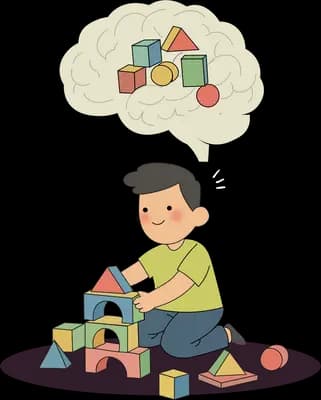 Boy sitting on a rug building with coloured blocks while a thought bubble shows the finished shape