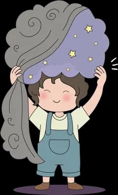 Boy lifting a heavy purple storm cloud off his head with both hands