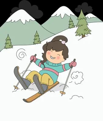 Girl skiing down a snowy slope with poles in hand and mountains behind