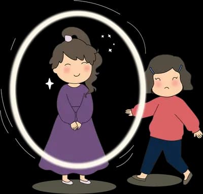 Girl in a purple dress standing inside a glowing ring while another girl walks away with a phone