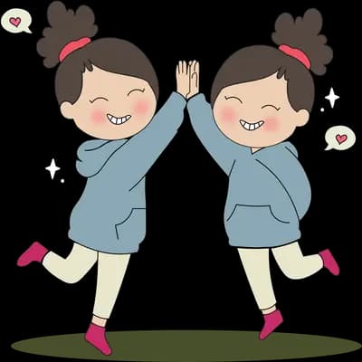 Two girls in matching outfits high-fiving with heart thought bubbles above them