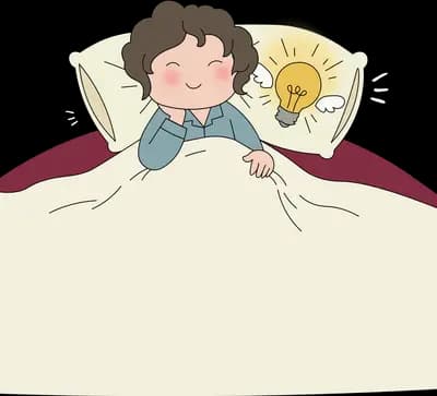 Boy lying awake in bed smiling as a lightbulb glows on the pillow beside him