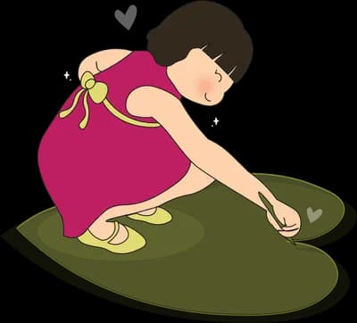 Girl in a magenta dress crouching on a green lawn to dig with a small trowel
