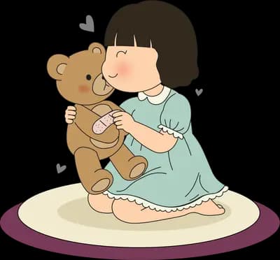 Girl in a nightdress kneeling on a round rug hugging a brown teddy bear