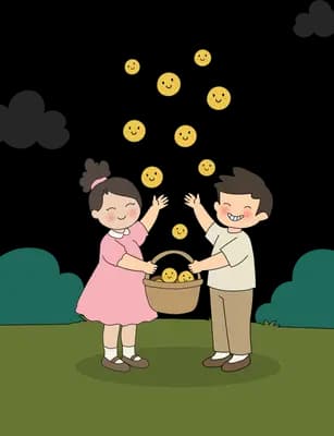 Two children holding a sack to catch smiling gold coins raining down on a lawn
