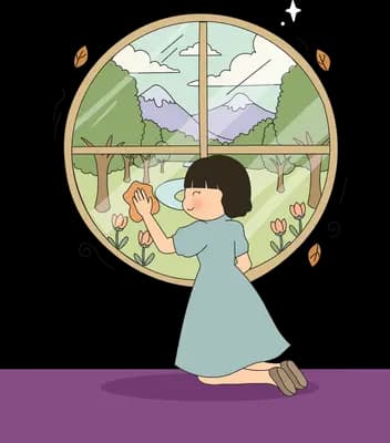 Girl kneeling on a purple rug looking out of a round window at mountains and fields