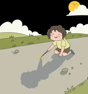 Girl sweeping away grey shadows on a bare grey field as the sun rises behind the hill