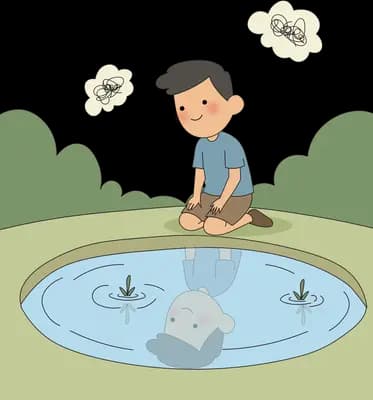Boy crouching at the edge of a pond watching his reflection with thought bubbles of birds above