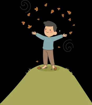 Boy standing on a green hilltop tossing autumn leaves into the air