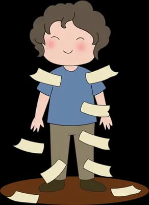 Boy standing covered in paper labels stuck all over his clothes