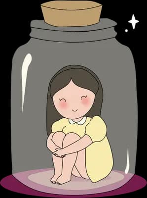 Girl in a yellow dress sitting curled up inside a big corked glass jar