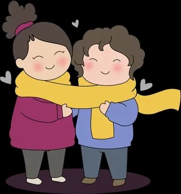 Two children in winter coats hugging while one wraps a yellow scarf around the other