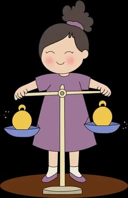 Girl in a purple dress standing with a balance scale resting across her outstretched arms