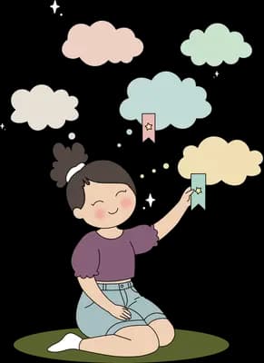 Girl kneeling on grass holding up a small yellow lamp toward pastel clouds