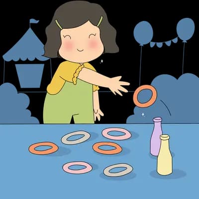 Girl tossing rings at bottles over a water tank at a fairground stall with balloons and a tent