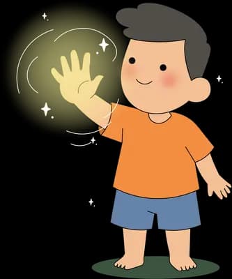 Boy standing in a dark room shining a glowing torch onto a potted plant beside a lamp