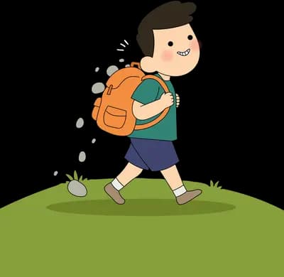 Boy walking across a green hill with stones tumbling out of his orange backpack