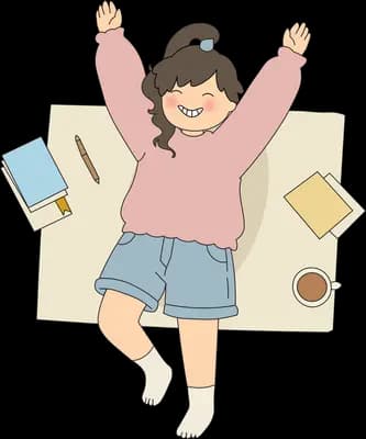 Girl lying back on a big sheet of paper stretching her arms out beside a book and cup