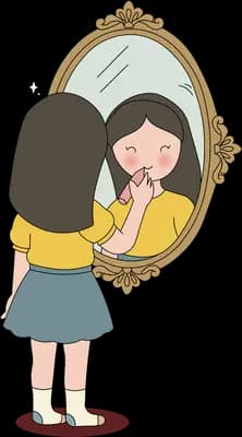 Girl in a yellow top standing before an oval mirror that shows a sad long-haired reflection