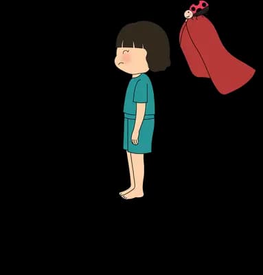 Woman standing on a bare grey mound as her red cape blows away behind her