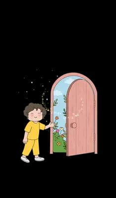 Small girl in yellow opening a pink door in a grey brick wall onto a bright green world