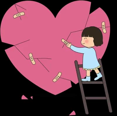 Boy on a stepladder patching a giant cracked pink heart with sticking plasters