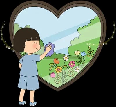 Boy wiping black smudges off a heart-shaped window that looks out onto a flower meadow