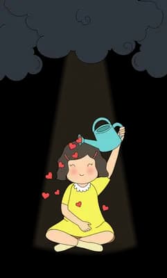 Girl kneeling under a black storm cloud pouring water from a teapot over her own head