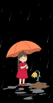 Small girl under an orange umbrella in heavy rain holding a watering can that pours out too