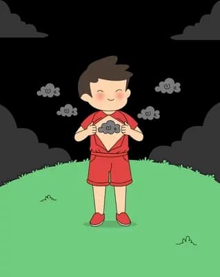 Boy in red opening his shirt to show a grey cloud in his chest as more grey clouds hover around him